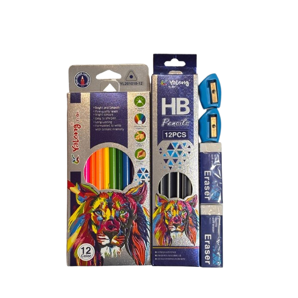 מארז סט 12 עפרונות צבעונים + סט 12 עפרונות + 2 מחקים + 2 מחדדים  (זאב) YL201018-12TZ