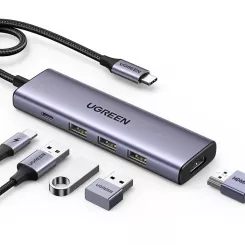 תחנת עגינה UGREEN 5 IN 1 USB-C To HDMI+3*USB 3.0 A+PD