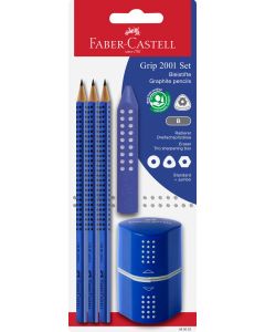 Faber Castell - עפרון B כחול - סט 3 יח' כולל מחדד 2001 Grip