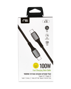 RE  כבל סנכרון  וטעינה  מהירה  שחור  100W Type-C -Type-C  באורך  1  מטר